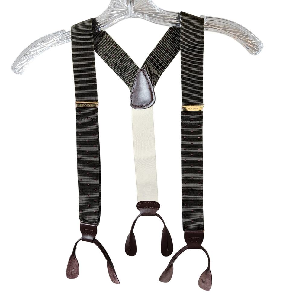 Jos A Bank Mens Suspenders Green w/Dots Back Leather Button On Style